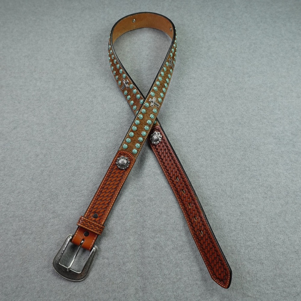 3D Belt Company Belt Mens 42 Brown Turquoise Cross Studded Western Leather